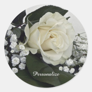 Elegant & Romantic White Rose Personalise Classic Round Sticker