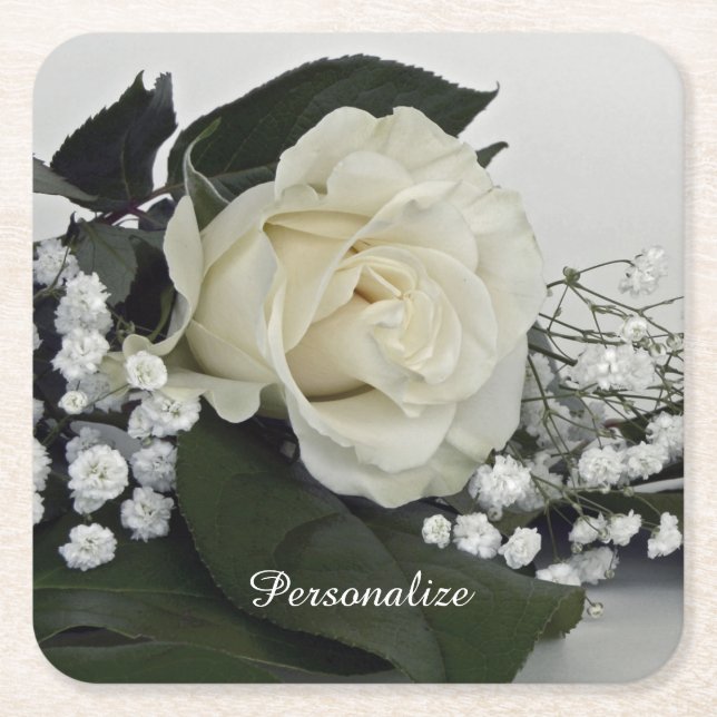 Elegant & Romantic White Rose Personalise Square Paper Coaster (Front)