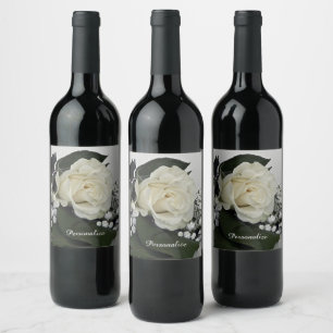 Elegant & Romantic White Rose Personalize Wine Label