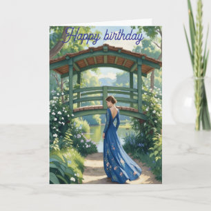 Elegant Romantic Woman in Blue Dress Illustration Card