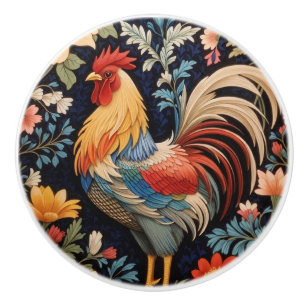 Elegant Rooster on Colorful Floral Background Ceramic Knob