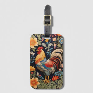 Elegant Rooster on Colorful Floral Background Luggage Tag