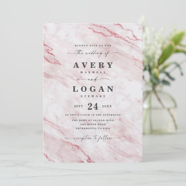 Elegant Rosa Blush Pink Metallic Marble Wedding Invitation (Standing Front)