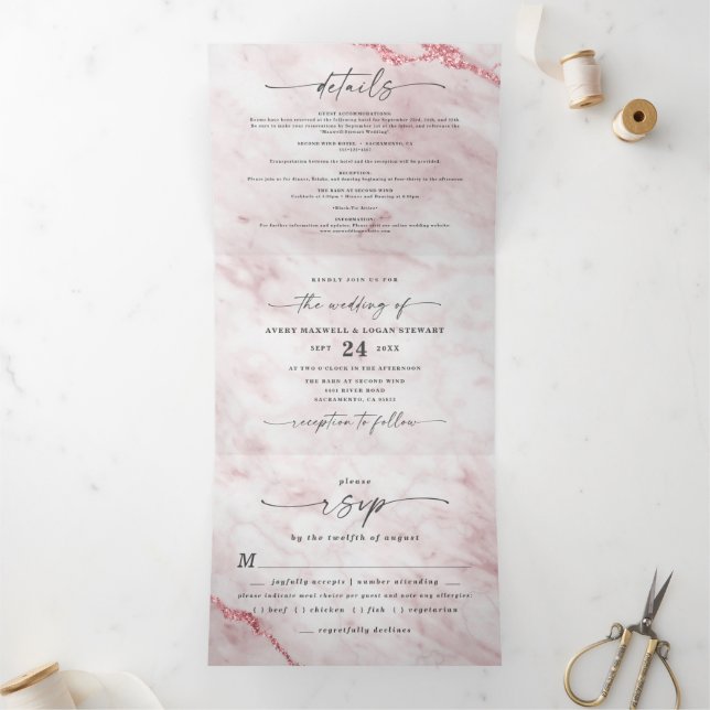 Elegant Rosa Petal Pink Metallic Marble Wedding Tri-Fold Invitation (Inside)
