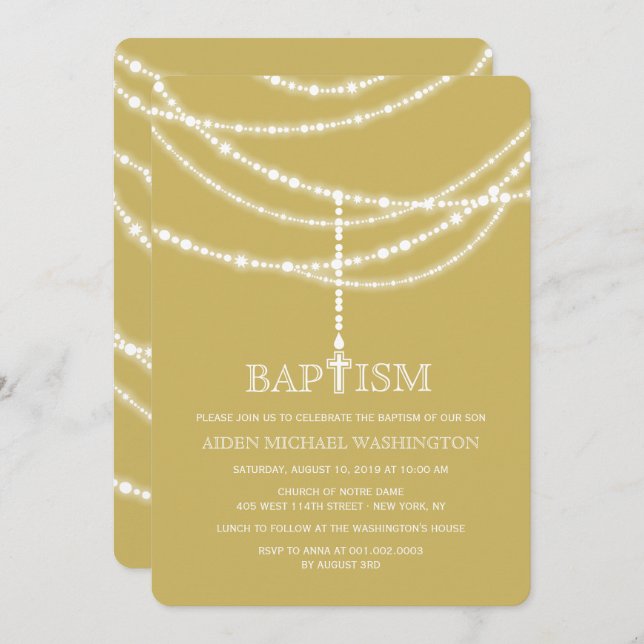 Elegant Rosary Cross Sparkles Baptism Religious Invitation (Front/Back)