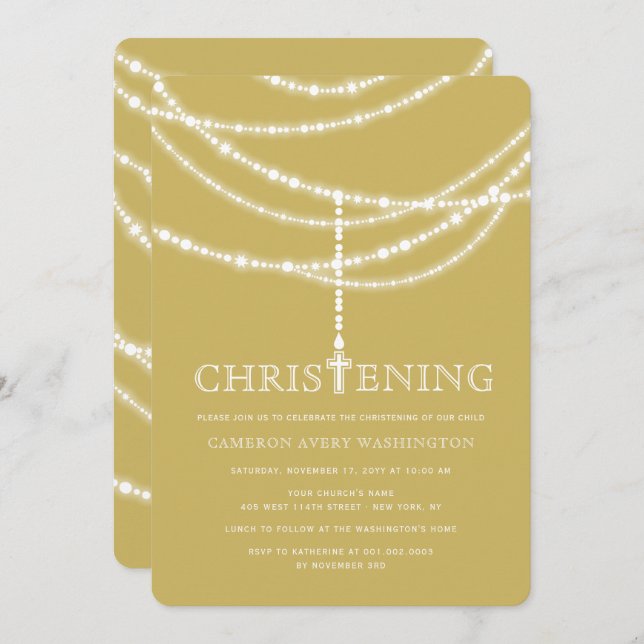 Elegant Rosary Cross Sparkles Christening Invite (Front/Back)
