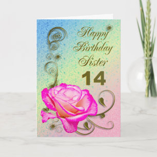 Elegant rose 14th birthday card for Sister
