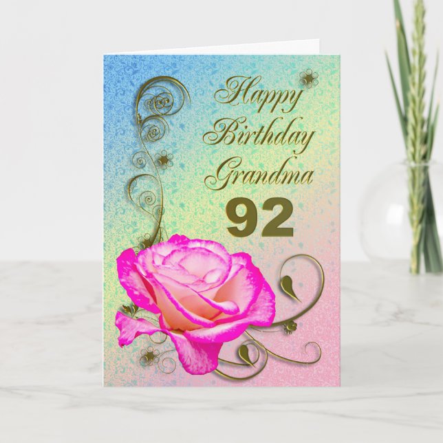 Elegant rose 92nd birthday card for Grandma (Front)