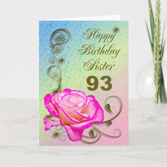 Elegant rose 93rd birthday card for Sister (Front)