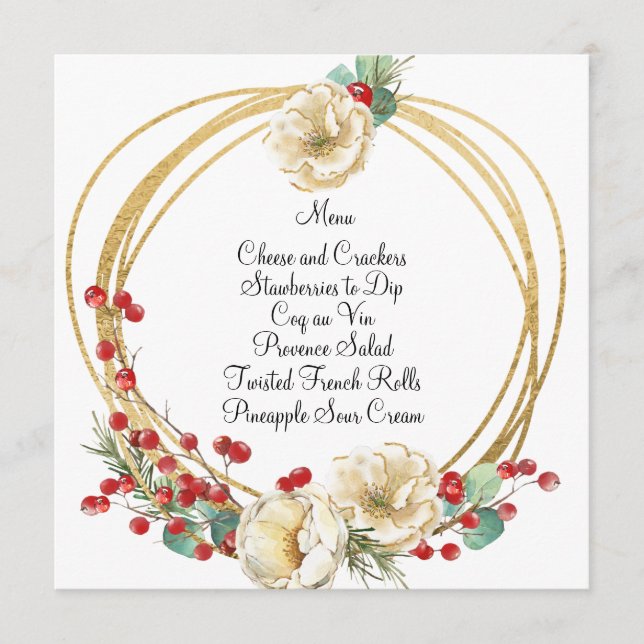 Elegant Rose and Berry Wreath Christmas Menu Card (Front)