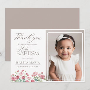 Elegant Rose and Peony flowers baptism photo Thank You Card