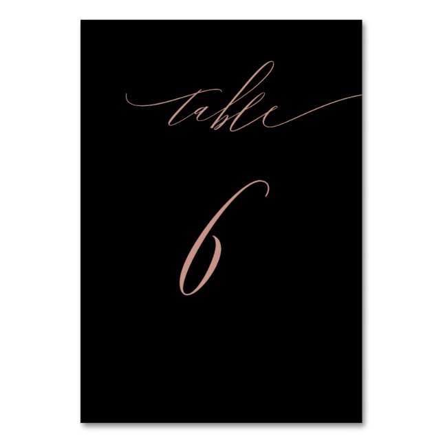Elegant Rose Black Gold Script No 6 Wedding Table Number (Front)