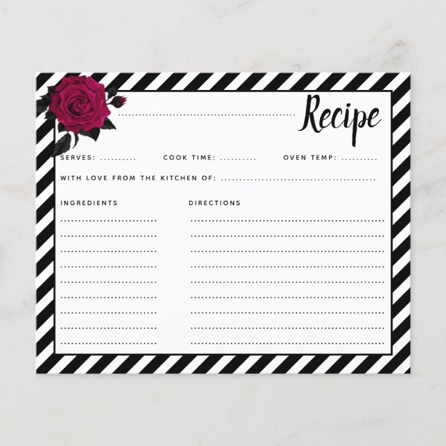 Elegant Rose Black Stripes Goth Bridal Recipe Card (Front)