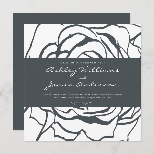 Elegant Rose Black White Square Wedding Invitation (Front/Back)