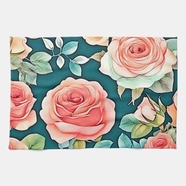 Elegant Rose Bloom Design Tea Towel (Horizontal)