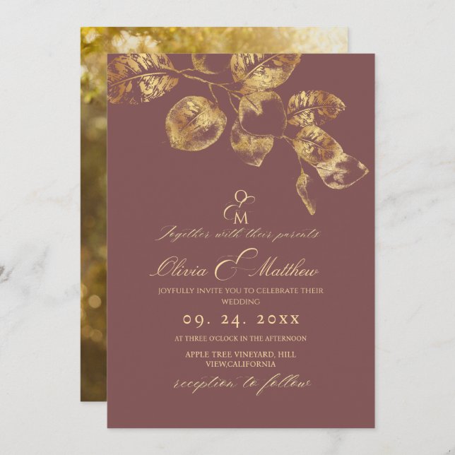 Elegant Rose Brown Pantone Gold Wedding Invitation (Front/Back)