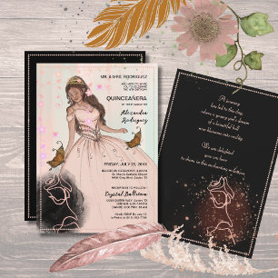 Elegant Rose & Butterfly Pink Black Quinceañera  Invitation