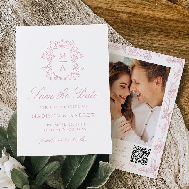 Elegant Rose Chinoiserie Floral QR Code Wedding Save The Date (Creator Uploaded)
