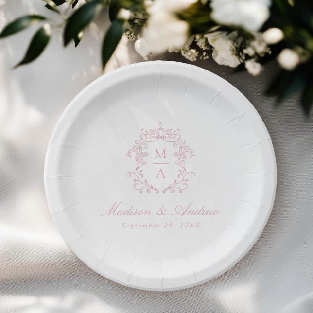 Elegant Rose Chinoiserie Monogram Crest Wedding Paper Plate (Creator Uploaded)