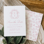 Elegant Rose Chinoiserie Victorian Floral Wedding Save The Date<br><div class="desc">Announce your upcoming wedding to friends and family with this Elegant Dusty Rose Pink Chinoiserie Victorian Floral save the date. This design displays your monogram initials surrounded by a crest of intricate dusty rose pink chinoiserie and baroque motifs. "Save the Date" is featured in a pink calligraphy script with your...</div>