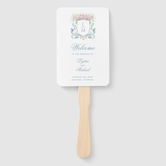 Elegant Rose Crest Monogram Wedding Program Hand Fan (Front)