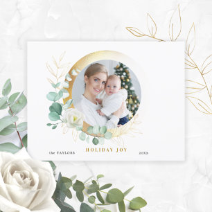 Elegant Rose, Eucalyptus and Round Gold Photo  Holiday Card