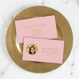Elegant Rose & Faux Gold Real Estate Profile Photo Business Card