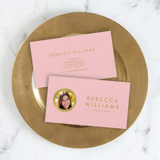 Elegant Rose & Faux Gold Real Estate Profile Photo Business Card (Creator Uploaded)