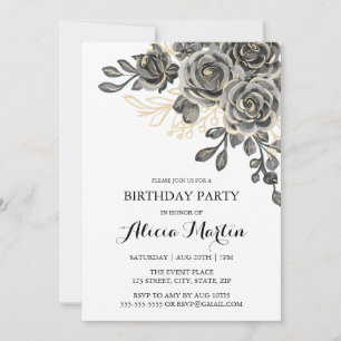 Elegant Rose Flora Black & Gold Birthday Party Invitation