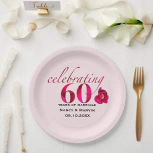 Elegant rose floral 60th Anniversary name date Paper Plate