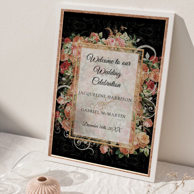 Elegant Rose Floral Black Blush Welcome Wedding Poster (Creator Uploaded)