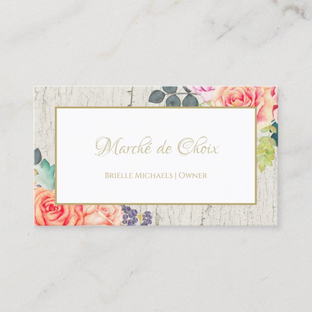 Elegant Rose Floral Cracked Paint Rustic Boutique Business Card (Front)