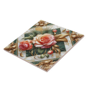 Elegant Rose Floral Design With Gold Accents Ceramic Tile