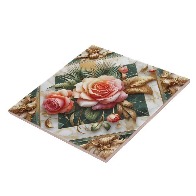 Elegant Rose Floral Design With Gold Accents Ceramic Tile (Side)
