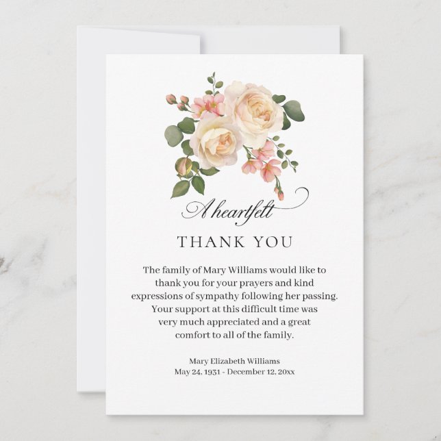 Elegant Rose Floral Funeral Thank You Card (Front)