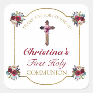 Elegant Rose Floral Gold 1st Communion Thank You Square Sticker