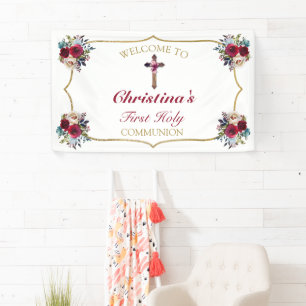 Elegant Rose Floral Gold First Holy Communion  Banner
