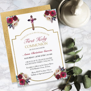 Elegant Rose Floral Gold First Holy Communion Invitation