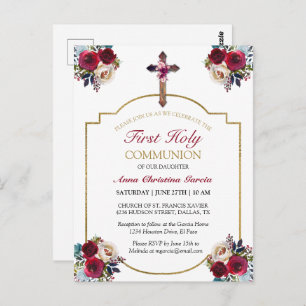 Elegant Rose Floral Gold First Holy Communion Postcard