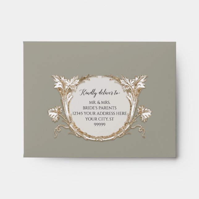 Elegant Rose Floral Gold Sage Green Wedding RSVP Envelope (Front)