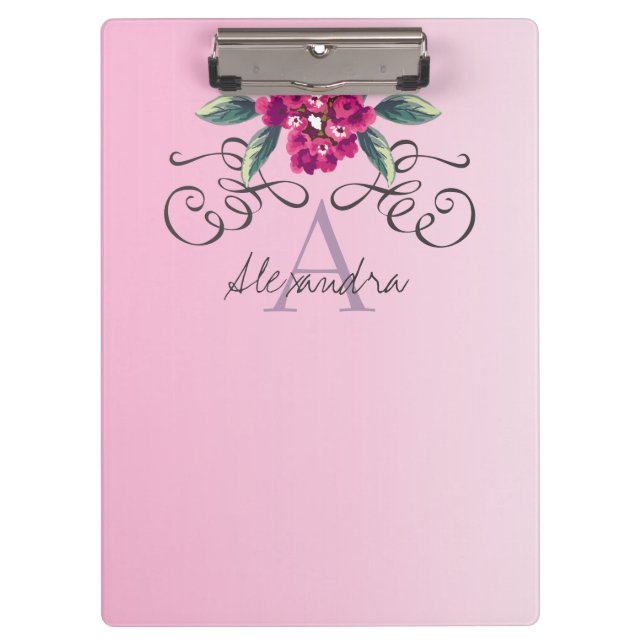 Elegant Rose Floral Monogram Chic Clipboard (Front)