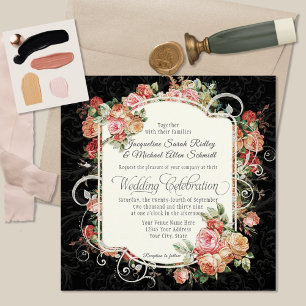 Elegant Rose Floral Muted Black Peach Blush Gold Invitation
