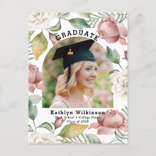 Elegant Rose Floral Photo Graduation Announcement Postcard
