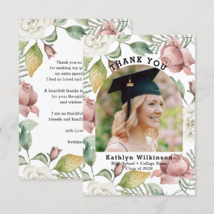 Elegant Rose Floral Photo Graduation Thank You  Card
