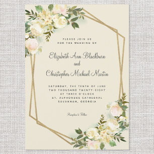 Elegant Rose Floral Wedding Gold Frame Eggshell Invitation