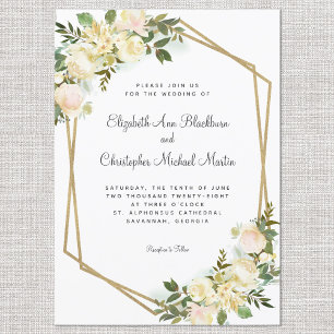 Elegant Rose Floral Wedding Gold Geometric White Invitation