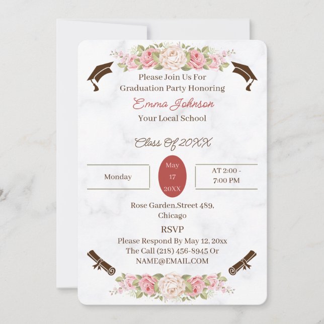 Elegant Rose Flowers Personalised Graduation Invitation (Front)