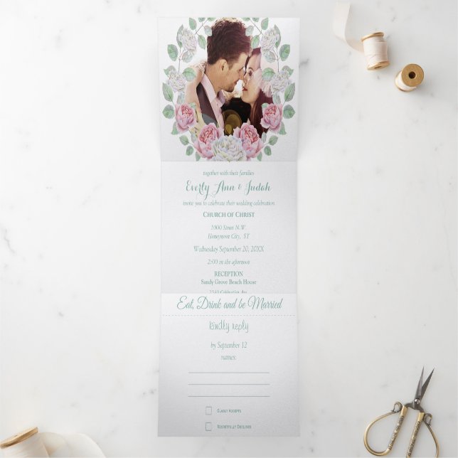 Elegant Rose Garden Floral Wreath Wedding Tri-Fold Invitation (Inside)