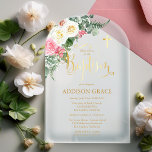 Elegant Rose Garden - Girl Baptism - Faux Gold Acrylic Invitations<br><div class="desc">Beautiful pink and white roses elegant faux gold "Baptism" design featuring a lovely bouquet accented with fern and eucalyptus greenery with faux gold text.  All text is editable except for script text "Baptism" and cross.   Composite design by Holiday Hearts Designs.</div>