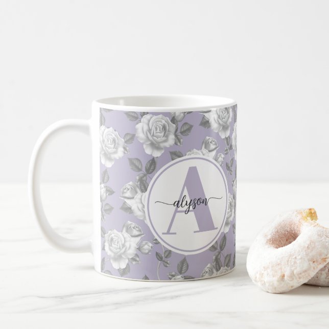 Elegant Rose Garden in Lavender Monogram Mug (With Donut)